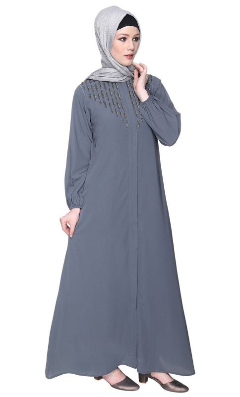 Grey Abaya With Flashy Metallic Beads Embroidery