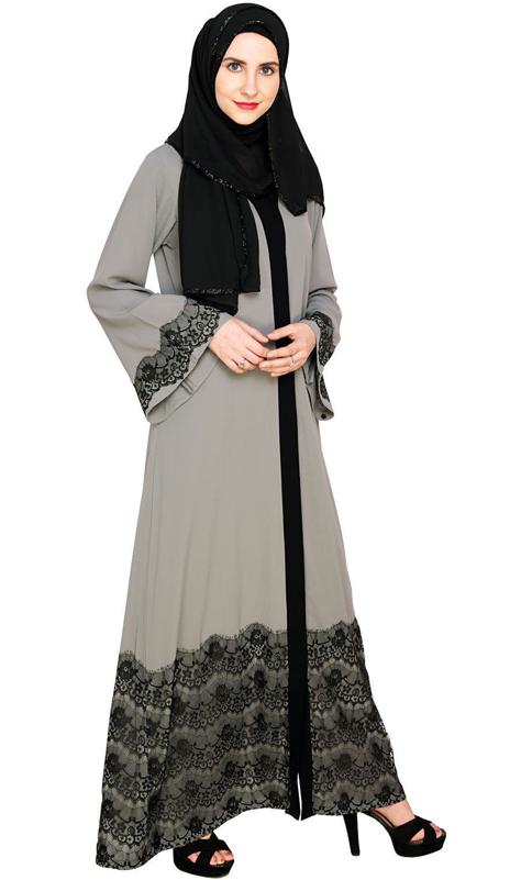 Grey And Black Laced Abaya (Made-To-Order)