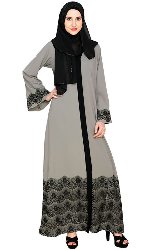 Grey And Black Laced Abaya (Made-To-Order)