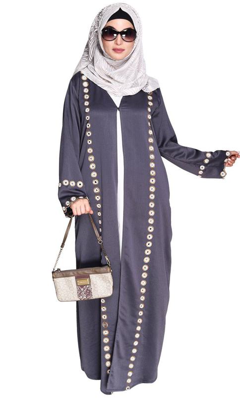 Grey Jacket Style Abaya with Exquisite Mirror Work (Made-To-Order)