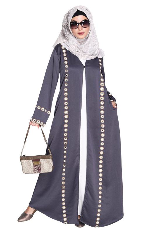 Grey Jacket Style Abaya with Exquisite Mirror Work (Made-To-Order)