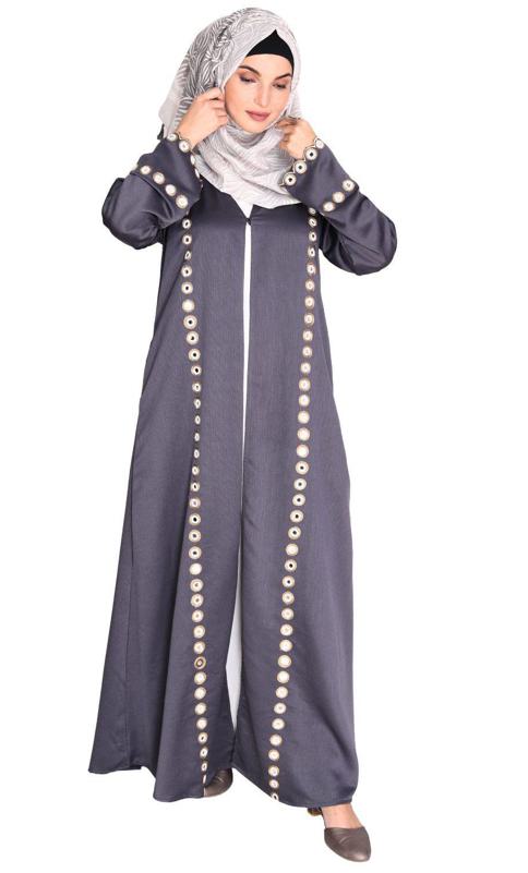Grey Jacket Style Abaya with Exquisite Mirror Work (Made-To-Order)
