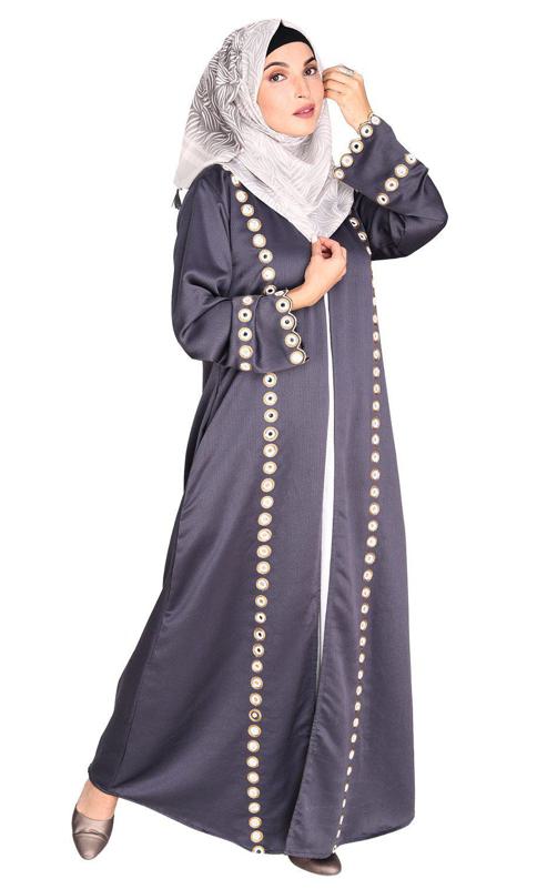 Grey Jacket Style Abaya with Exquisite Mirror Work (Made-To-Order)