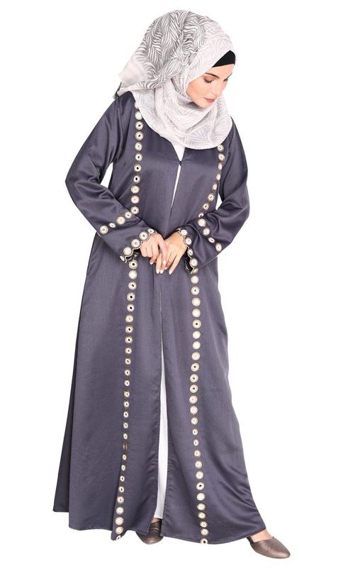 Grey Jacket Style Abaya with Exquisite Mirror Work (Made-To-Order)
