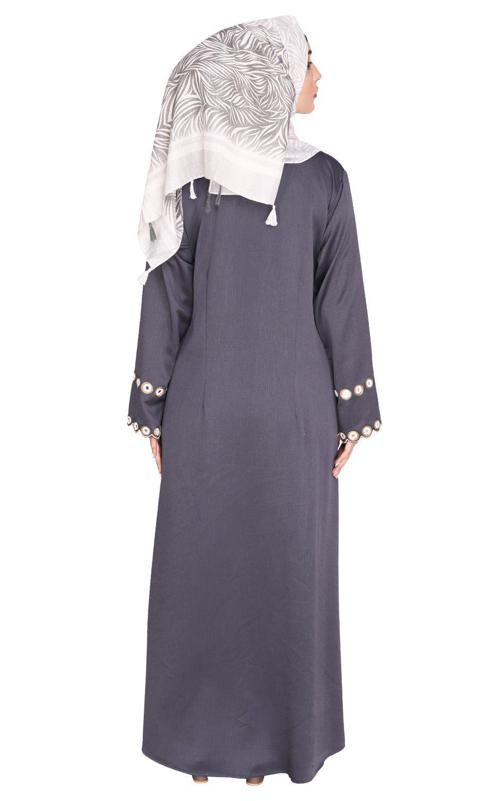 Grey Jacket Style Abaya with Exquisite Mirror Work (Made-To-Order)