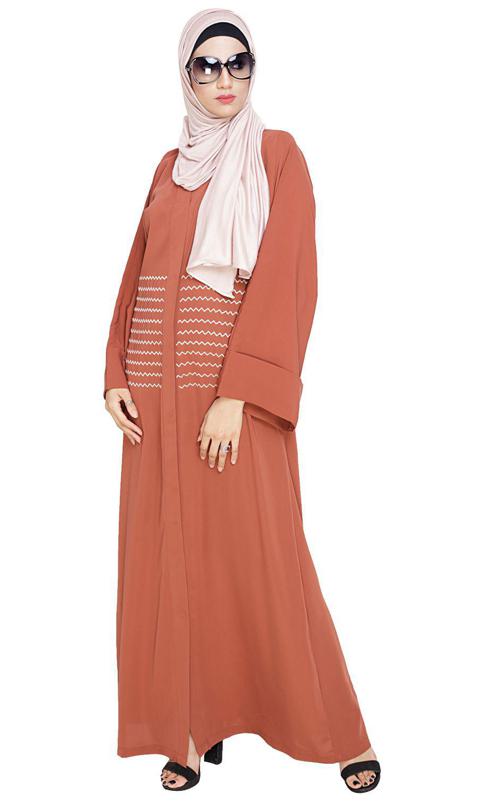 Jazzy Embroidered Brick Red Dubai Style Abaya