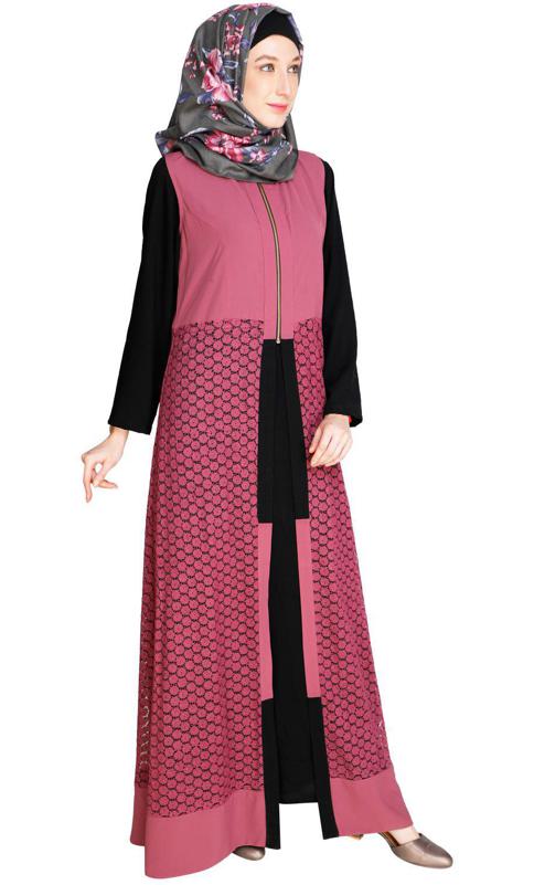 Lace Jacket Black and Pink Abaya (Made-To-Order)