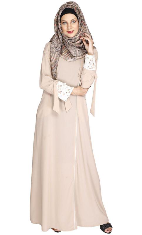 Light Beige Lace & Bow Detailed Abaya (Made-To-Order)
