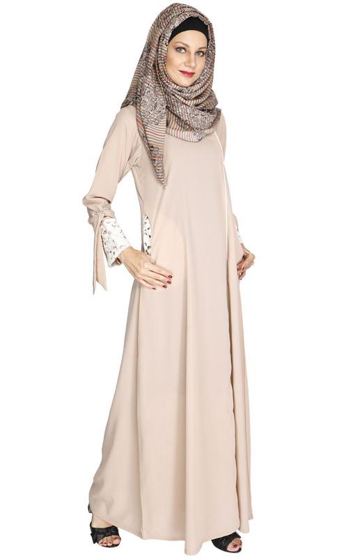 Light Beige Lace & Bow Detailed Abaya (Made-To-Order)