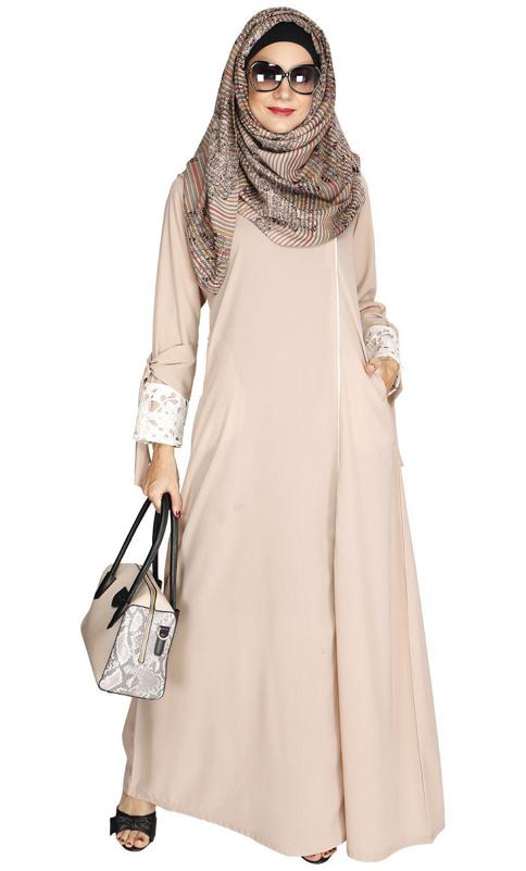 Light Beige Lace & Bow Detailed Abaya (Made-To-Order)