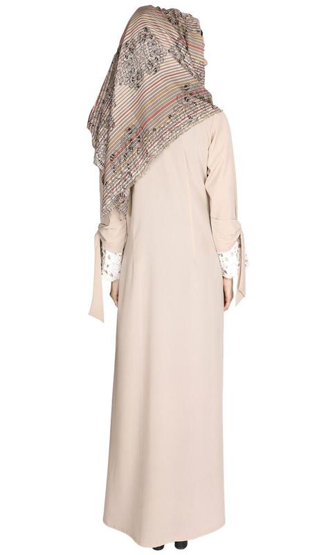 Light Beige Lace & Bow Detailed Abaya (Made-To-Order)