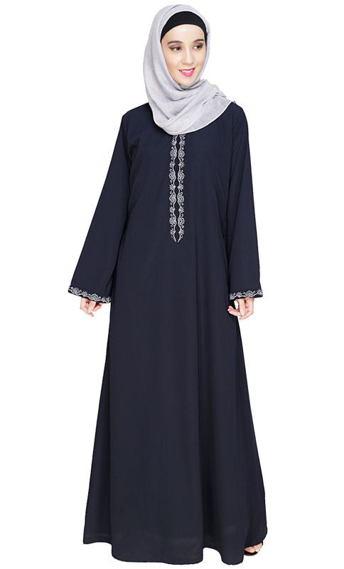 Lotus Embroidered Blue Dubai Style Abaya