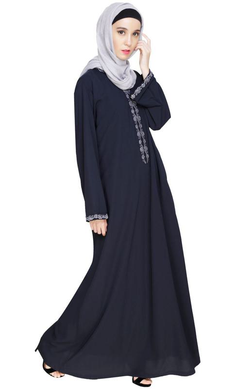 Lotus Embroidered Blue Dubai Style Abaya