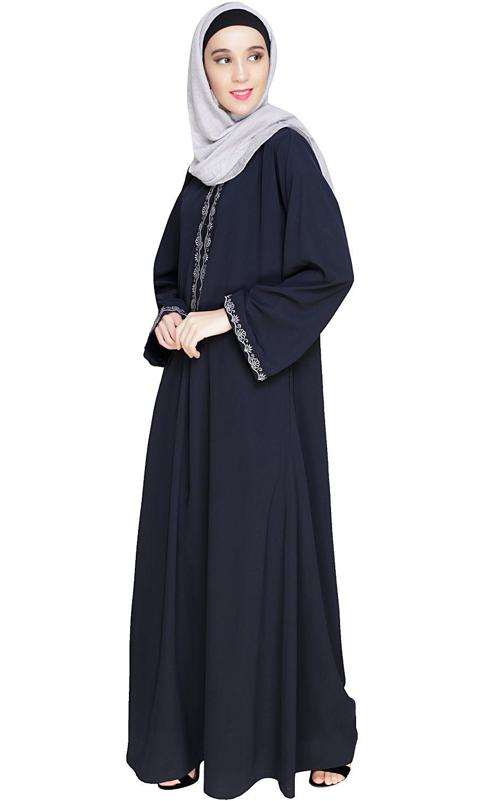 Lotus Embroidered Blue Dubai Style Abaya