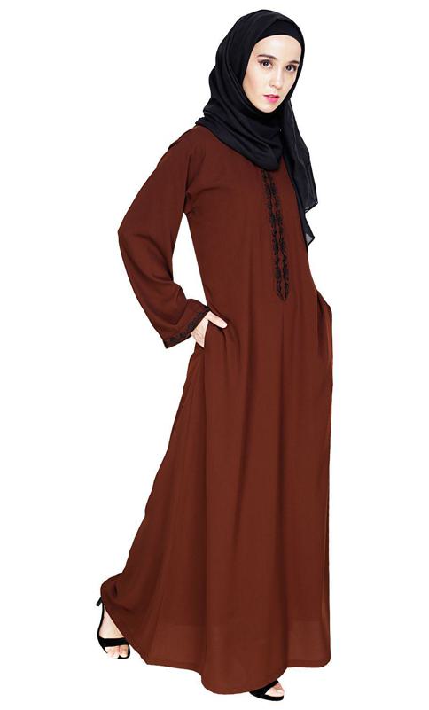 Lotus Embroidered Brown Dubai Style Abaya