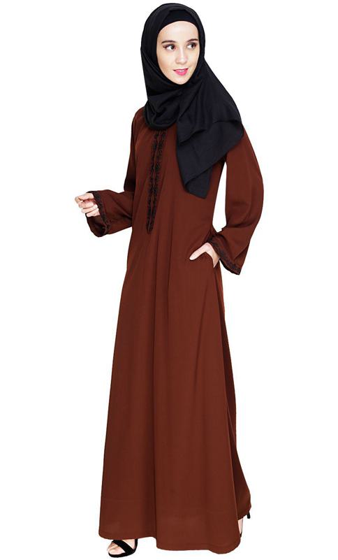 Lotus Embroidered Brown Dubai Style Abaya