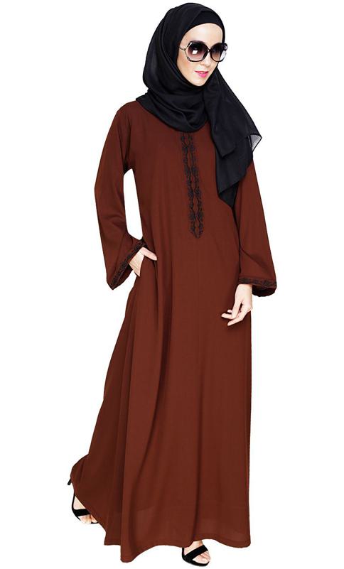 Lotus Embroidered Brown Dubai Style Abaya