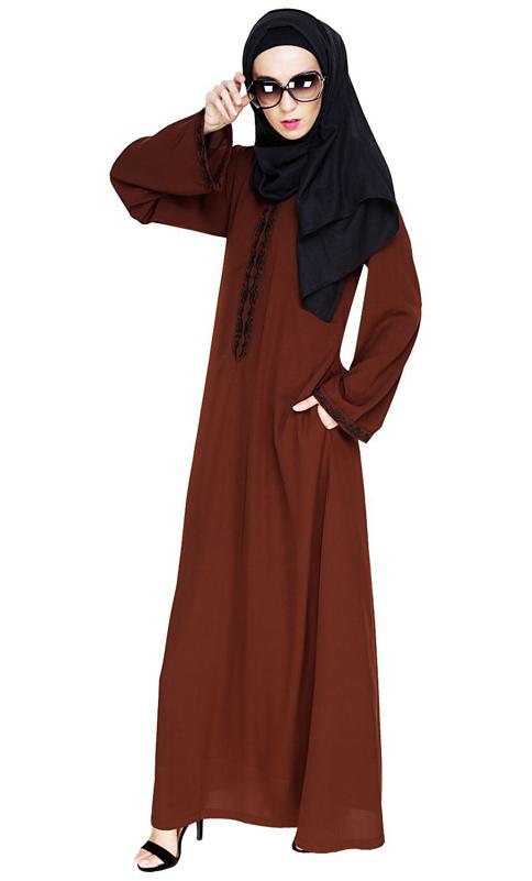 Lotus Embroidered Brown Dubai Style Abaya