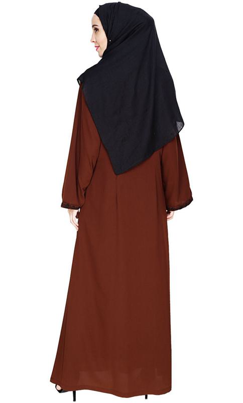 Lotus Embroidered Brown Dubai Style Abaya