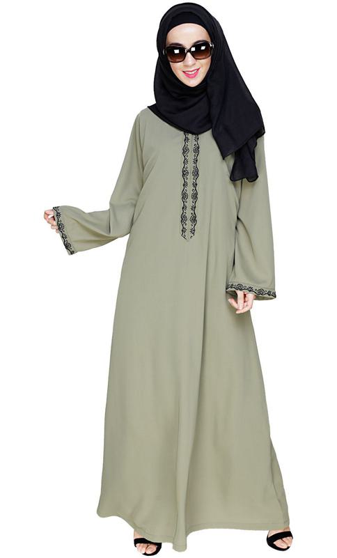 Lotus Embroidered Dead Mint Dubai Style Abaya