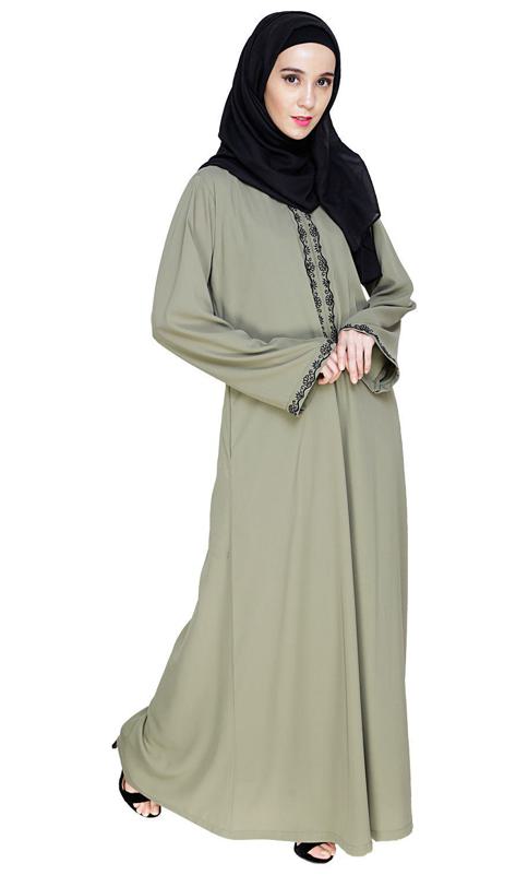 Lotus Embroidered Dead Mint Dubai Style Abaya