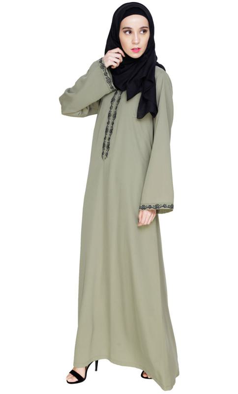 Lotus Embroidered Dead Mint Dubai Style Abaya