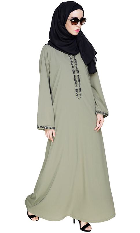 Lotus Embroidered Dead Mint Dubai Style Abaya
