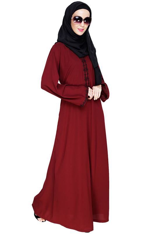 Lotus Embroidered Wine Dubai Style Abaya