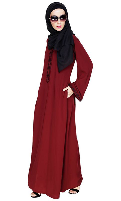 Lotus Embroidered Wine Dubai Style Abaya