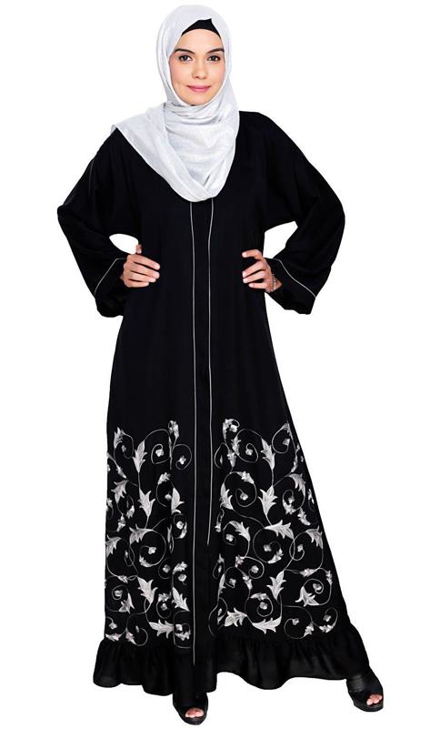 Magnificent Black Gathers Embroidered Dubai Style Abaya
