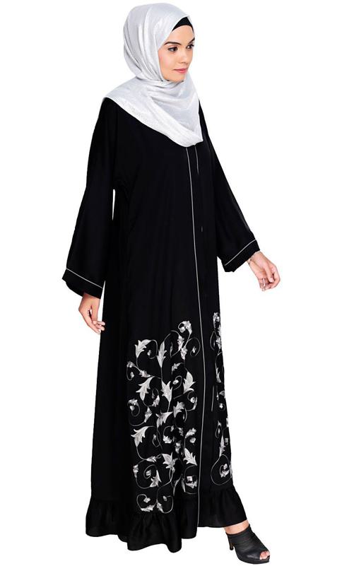 Magnificent Black Gathers Embroidered Dubai Style Abaya