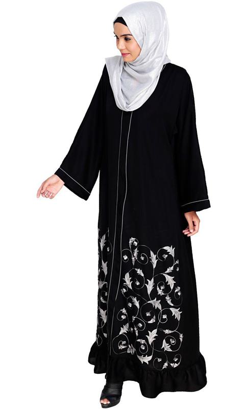 Magnificent Black Gathers Embroidered Dubai Style Abaya