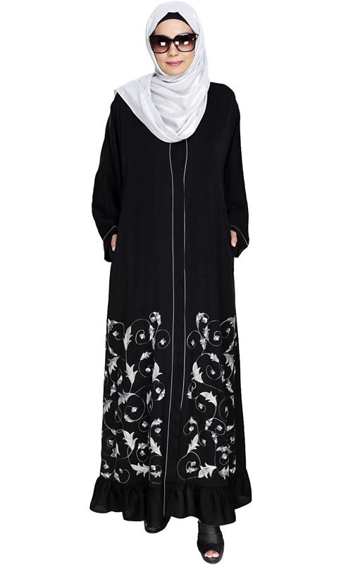 Magnificent Black Gathers Embroidered Dubai Style Abaya