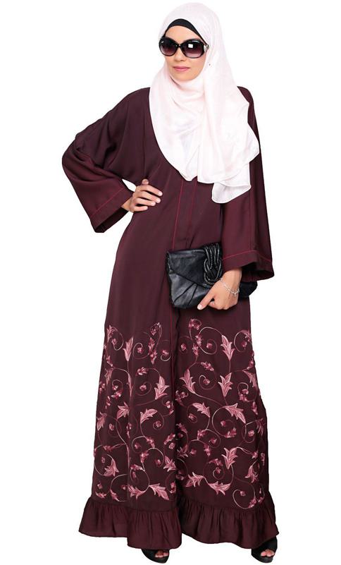 Magnificent Deep Wine Gathers Embroidered Dubai Style Abaya (Made-To-Order)