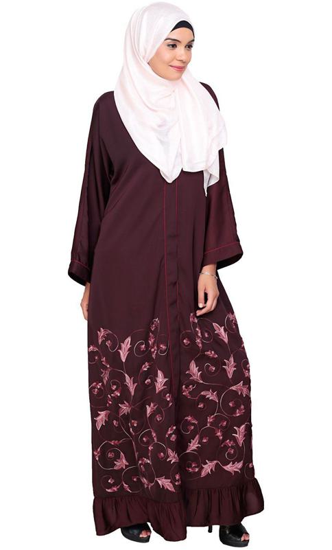 Magnificent Deep Wine Gathers Embroidered Dubai Style Abaya (Made-To-Order)