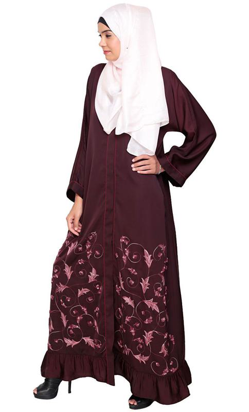 Magnificent Deep Wine Gathers Embroidered Dubai Style Abaya (Made-To-Order)