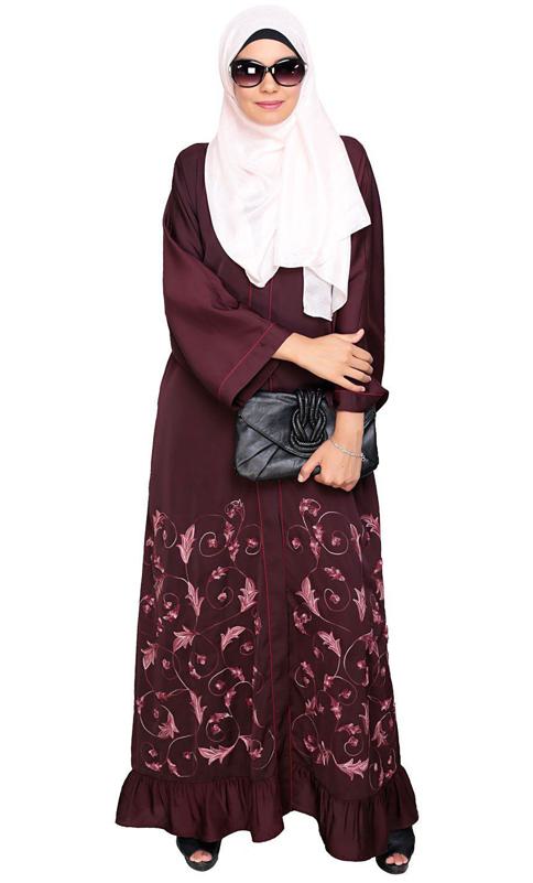 Magnificent Deep Wine Gathers Embroidered Dubai Style Abaya (Made-To-Order)