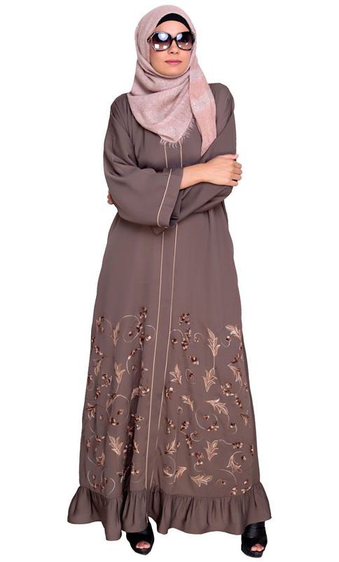 Magnificent Grey Gathers Embroidered Dubai Style Abaya (Made-To-Order)
