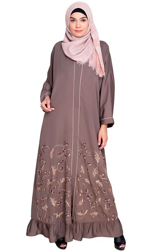 Magnificent Grey Gathers Embroidered Dubai Style Abaya (Made-To-Order)