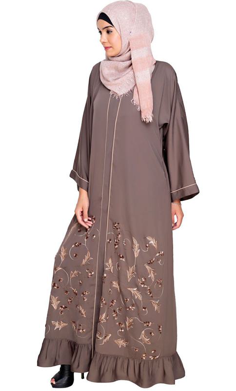 Magnificent Grey Gathers Embroidered Dubai Style Abaya (Made-To-Order)