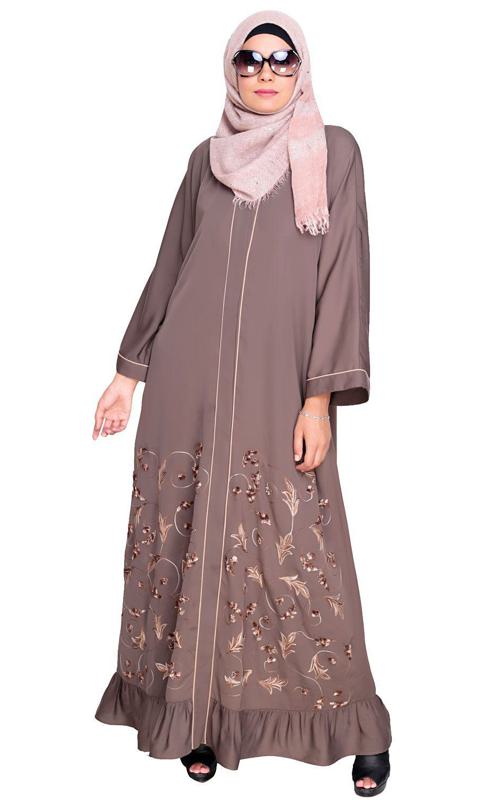Magnificent Grey Gathers Embroidered Dubai Style Abaya (Made-To-Order)