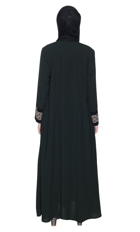 Magnificent Olive Green Abaya With Gleaming Yolk And Sleeves