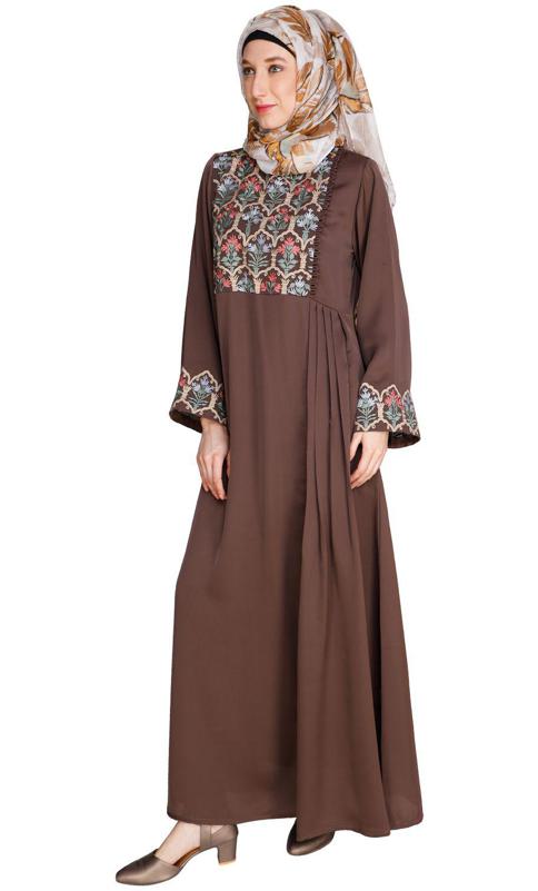 Majorelle Floral Oak Brown Pleated Abaya (Made-To-Order)