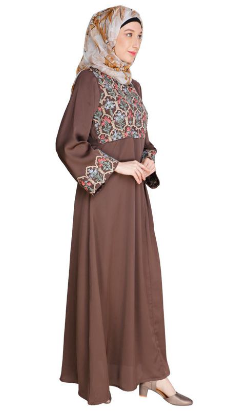 Majorelle Floral Oak Brown Pleated Abaya (Made-To-Order)