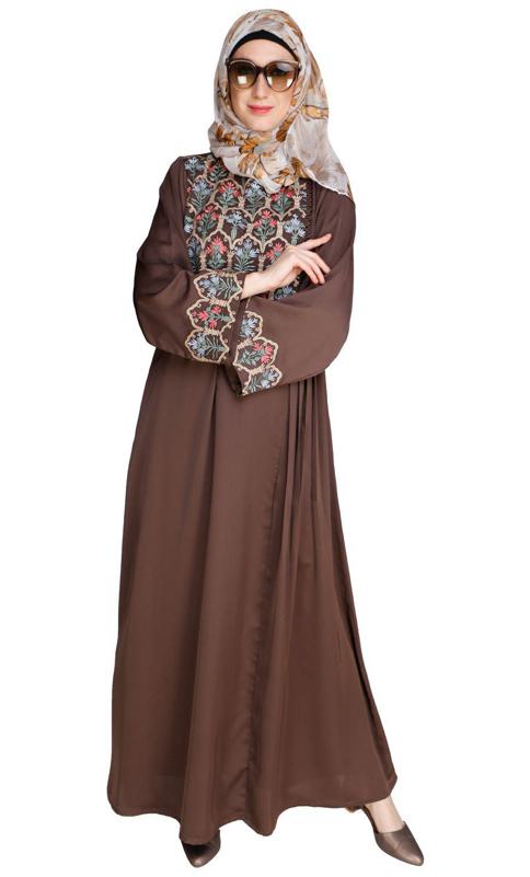Majorelle Floral Oak Brown Pleated Abaya (Made-To-Order)