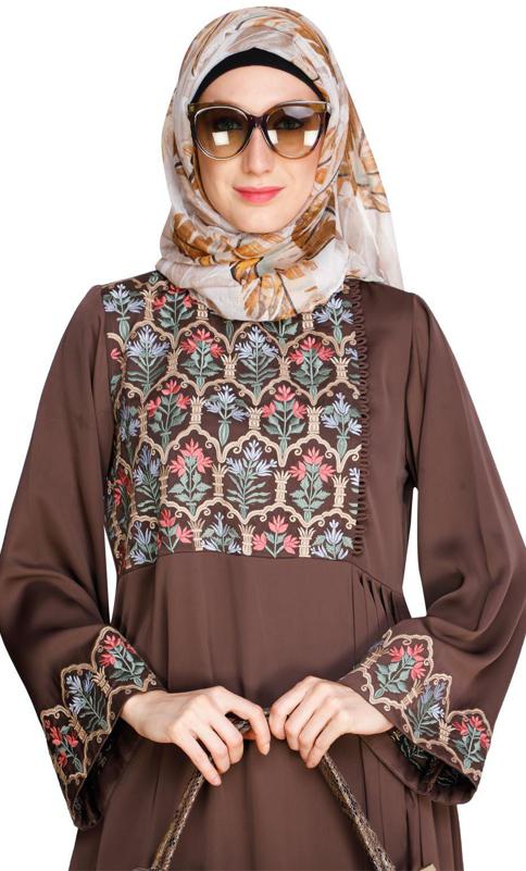 Majorelle Floral Oak Brown Pleated Abaya (Made-To-Order)