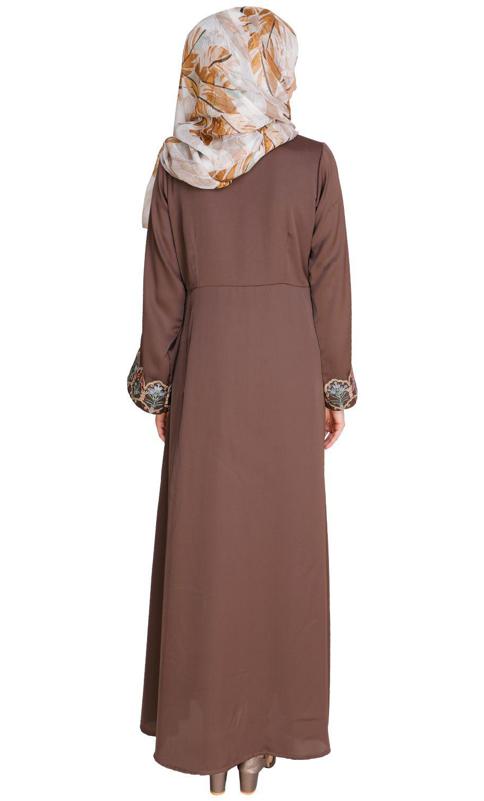 Majorelle Floral Oak Brown Pleated Abaya (Made-To-Order)