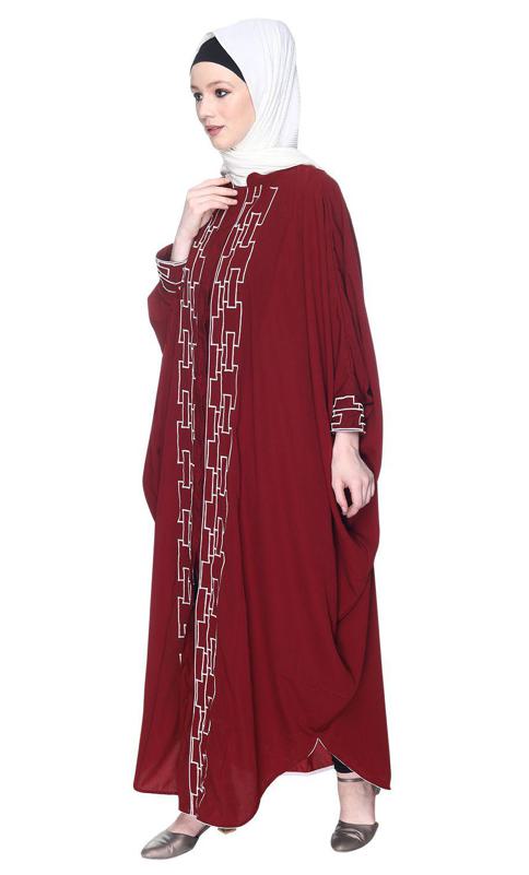 Maroon And White Dimensional Design Embroidered Kaftan (Made-To-Order)
