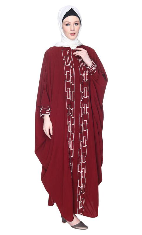 Maroon And White Dimensional Design Embroidered Kaftan (Made-To-Order)