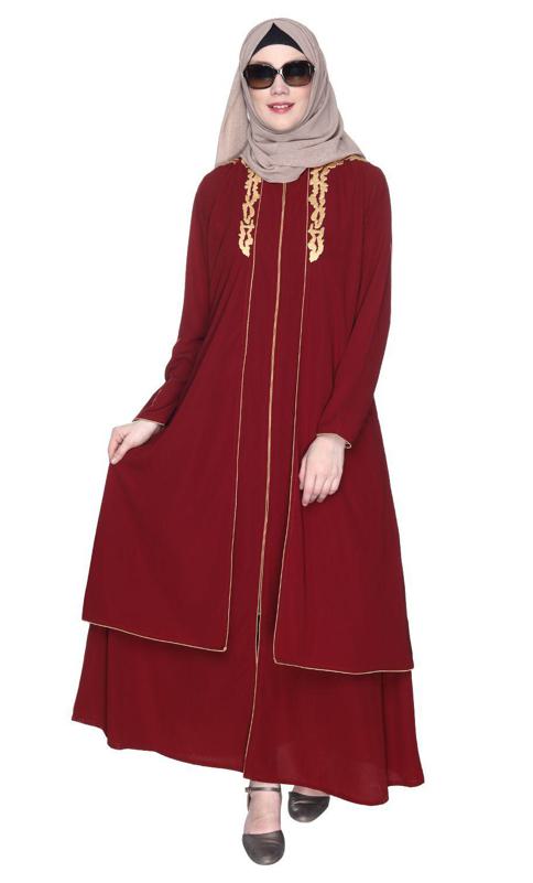 Maroon Regal Abaya With Gold Embroidery